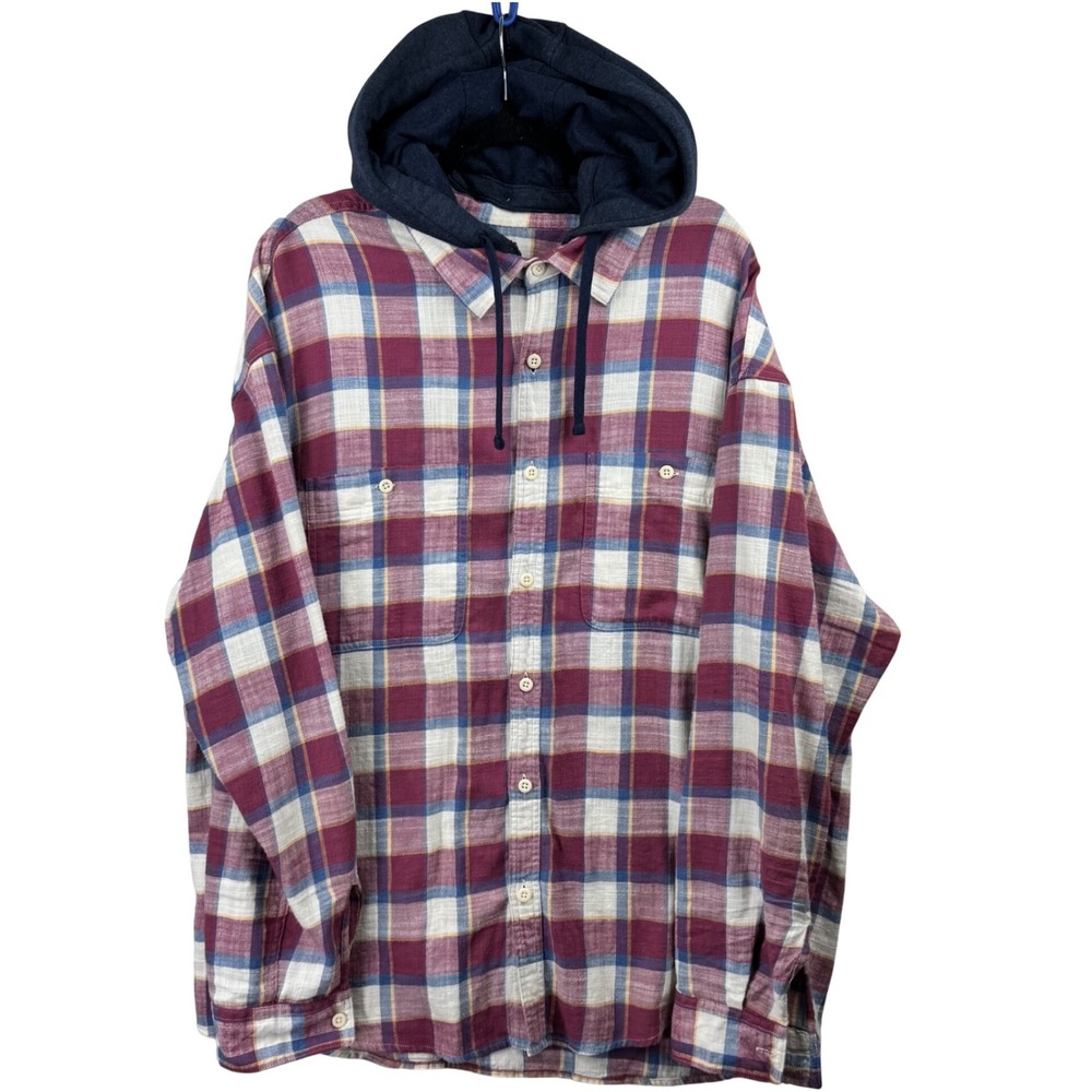 American Eagle‎ Mens XXL Plaid Hooded Flannel Shirt Burgundy Streetwear Skater - Picture 2 of 13